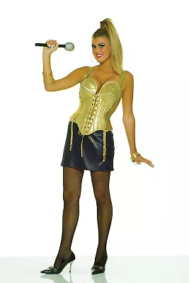 80's Costume Pop Star Gld Corset Style Cone Bodice Top & Blk Wet Look Mini Skirt • $34.98