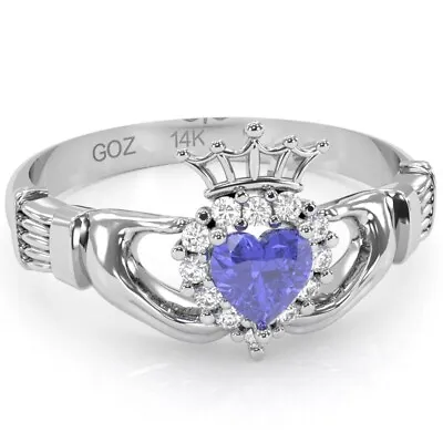 Claddagh Tanzanite Diamond Ring In Solid 14k White Gold • £673.68