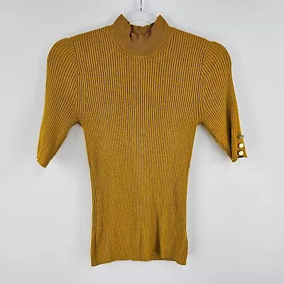 Review Top 8 Knit Mustard Ribbed Fitted Half Sleeve Gold Button Detail Ladies • $19.99