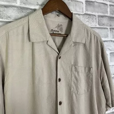 Tommy Bahama Neutral Beige Embroidered Hawaiian Camp Shirt Mens Medium All Silk • $21.60