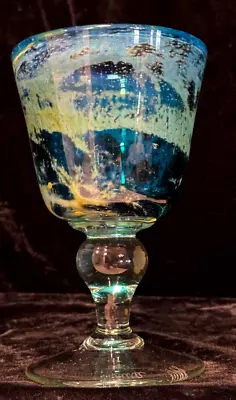 Mdina Malta Glass 6 1/2  Goblet Blue Summer 1978 Design Signed #2 • $175.99