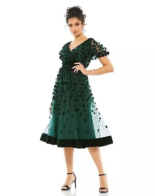 Mac Duggal Floral Appliqué Cocktail Midi Dress In Dark Green Size 6 • $119