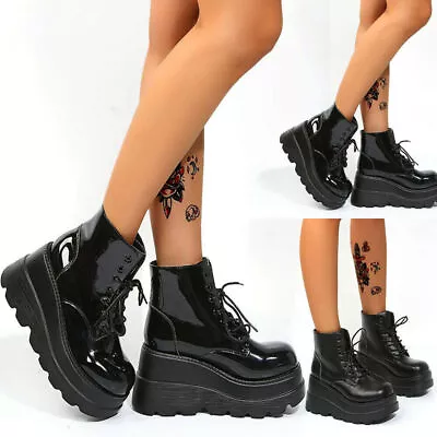 £32.59 • Buy Women Gothic Platform Flats Ankle Boots Combat Chunky Punk Lace-up Shoes Size