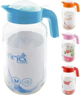 2 X 1.5l Water Juice Jug Glass Cocktail Fridge Kitchen Picnic Lid Handle Table • £4.99