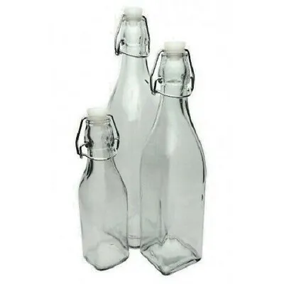 Square Glass Bottles Swing Top 250ml - 500ml - 1000ml For Home Brewing Storage • £54.99