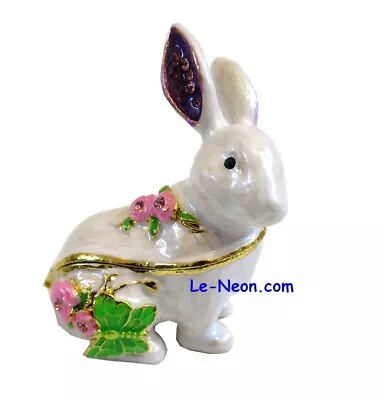 Bejeweled  White Rabbit Bunny   Hinged Metal Enameled Rhinestone Trinket Box • $19.99