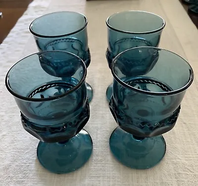 4 Vintage Indiana Glass 4.5” Kings Crown Thumbprint Footed Goblet Teal Blue • $18.99