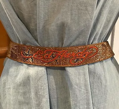 Vintage ED HARDY Embroidered Signed Hippy Boho Leather Belt Distressed • $29.99