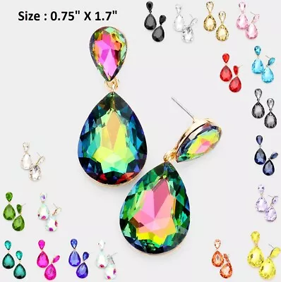 Teardrop Long Crystal Rhinestone Wedding Cocktail Prom Dangle Pierced Earrings • $11.99