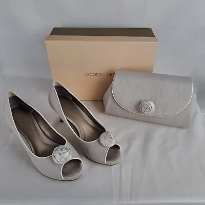 Jacques Vert Light Grey Shoes And Bag Kitten Heel Peep Toe Crossbody Bag UK7 • £49.95