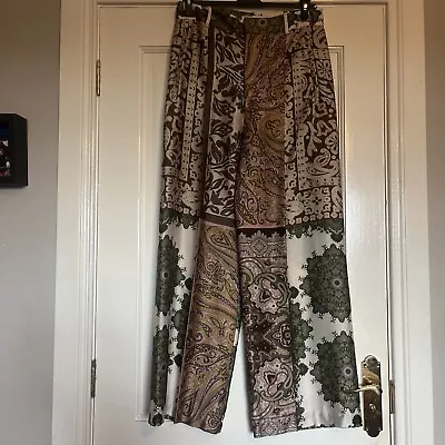 Zara Faux Silk Wide Leg Trousers Size M 10 Pink Green Ivory Brown Gold Paisley • £16.99