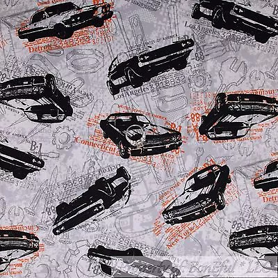 BonEful Fabric FQ Cotton Quilt Gray Black Orange Sports Race Car USA State Print • £4.22