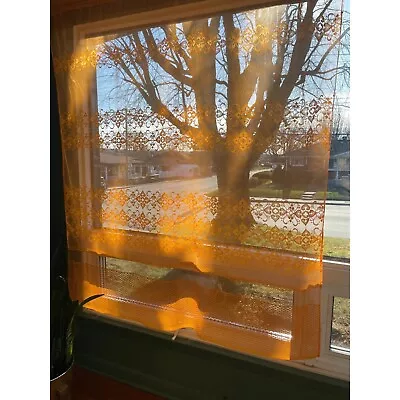 Vintage 1970s  Pleated Curtain Sheer Mesh Orange Groovy Pattern Single Panel • $80