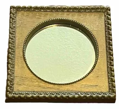 Vintage Plastic Framed Round Mirror Brown & Gold Wood Grain Design 8” X 8” • $24.23