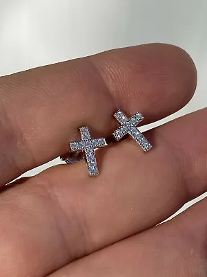 Real 925 Sterling Silver Men's Ladies' Cross Earrings Studs Simulated Diamonds • $22.78