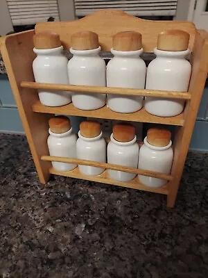 Vintage Set Of 8 Unlabeled Ceramic Spice Jar Set W/ Wooden Rack Apothecary • $29.99