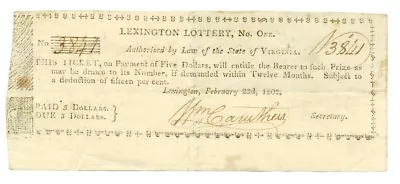 1803 Lexington Lottery No. One Ticket #3841 Paid In $5 Dollars • $239