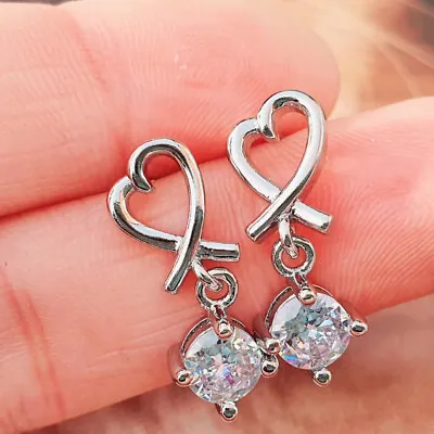 925 Sterling Silver Love Heart Ribbon Knot CZ Drop Dangle Stud Earrings Gift UK • £3.36