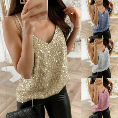 £11.74 • Buy Womens Glitter Strappy Tank Tops Ladies Sexy Sparkle Cami Swing Vest Clubwear