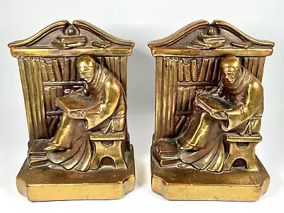 Pair Antique Scholar Or MONK Reading Book Bookshelf Bronze Clad 2 Bookends • $78