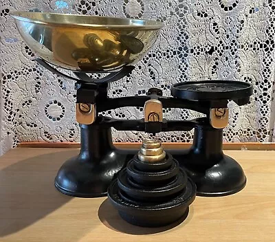 English Victor Kitchen Scales Black 4 Cast Iron 3 Brass Weights • $199