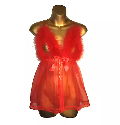 Vtg Enticing Lingerie Wicked Red Peek-a-boo Marabou+sheer Nylon Babydoll Sz: Os • $43.99