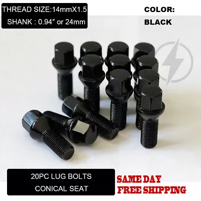 20pc Black 14x1.5 Conical Seat Lug Bolts 0.94'' 24mm Fit Volkswagon Volvo • $25.49