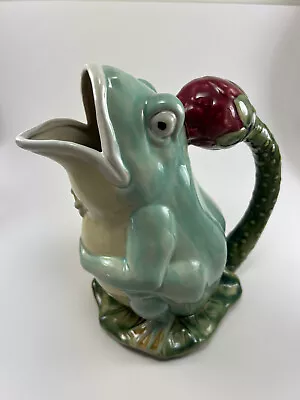 Vintage Majolica Style Pottery Hand Painted Frog On Lilly Pad Pitcher 9  Tall • $24.99