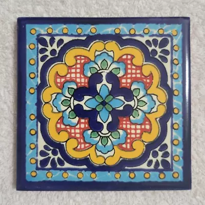 Glossy  Blue Yellow Blossom Special  Mexican Talavera Ceramic Tiles 4x4 • $5.75