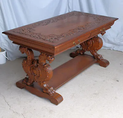 Antique Carved Oak Griffin Partners Desk – Library Table • $5750