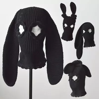 Custom Black Bunny Crochet Balaclava Knit Cute Hat Two Holes Ski Mask With Ears • $120.75