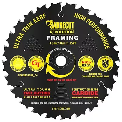 SabreCut Circular Saw Blade 184mm 24 Tooth Thin Kerf For Dewalt DCS577 DT40270 • £14.99