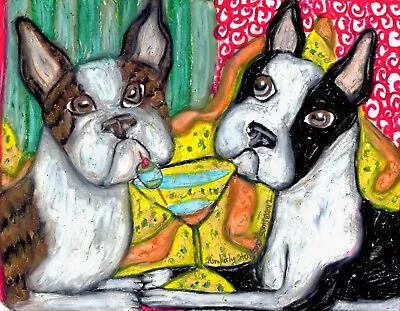 BOSTON TERRIER Drinking A Martini Dog Outsider Vintage Art 8 X 10 Signed Print • $19.99