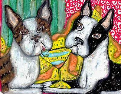 BOSTON TERRIER Drinking A Martini Dog Vintage Style Art 8.5 X 11 Signed Print • $21.60