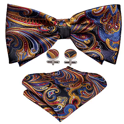 Mens Pre-Tied Bow Tie Gold Red Paisley Bowtie Hanky Cufflinks Set Wedding Party • $9.99