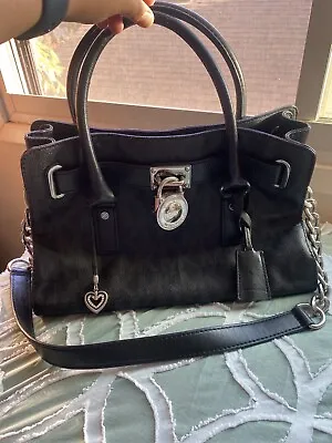 Michael Kors Hamilton Signature Satchel Shoulder Bag Lock & Key Purse- Black • $135