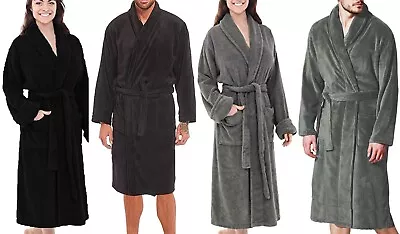 Adults Soft Grey Fleece Shawl Collar Dressing Gown Pockets Bath Robe Plus Size • £13.45