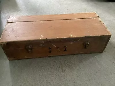 Vintage Large Wood Handmade Dovetailed Tool Box Chest Hinged Lid + Key Old • $129.99