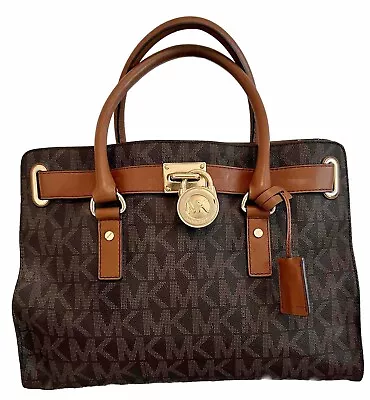 Michael Kors Jet Set Hamilton Brown Logo And Leather Satchel Handbag Purse • $19.50