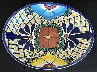 Talavera 10.75” Oval Plate Platter La Maceta Mexico Yellow Blue Orange Floral • $6.99