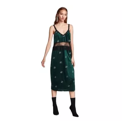 Zara Trafaluc Green Velvet Embroidered Lace Silver Studded Midi Dress Size Large • $25