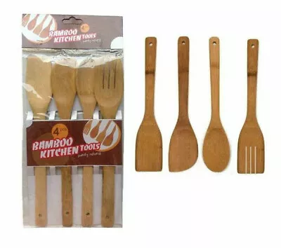 £3.29 • Buy 4Pc Bamboo Spoons Set Wooden Spatula Spoon Kitchen Cooking Utensils Turner Tools