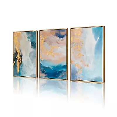 ARTLAND Teal Abstract Wall Art 3 Pieces With Turquoise Gold Marble Framed Art... • $188.78