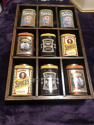 Vintage Set Wood Nine Compartment Spice Rack With Vintage Tins Made In England • $20.99