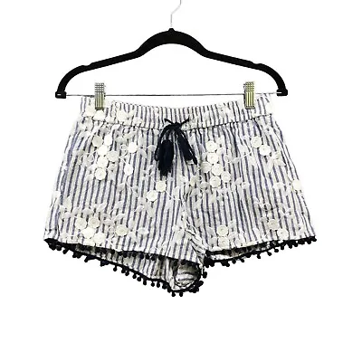 Zara Embroidered Floral Coastal Shorts Pull On Tassels Crochet Blue White Size M • $14.39