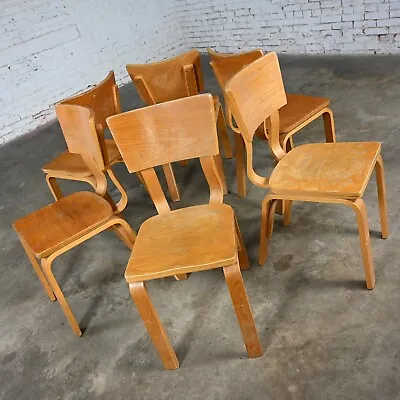 Set 6 MCM Thonet #1216 Dining Chairs Bent Oak Plywood Saddle Seat Single Bow • $1995