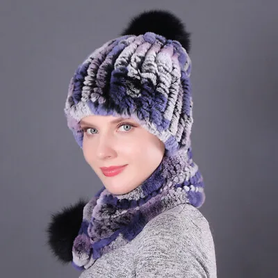  Womens Real Rex Rabbit Fur Scarf Hat Set Cap Collar Shawl Knitted Beanie Snood  • $35.99