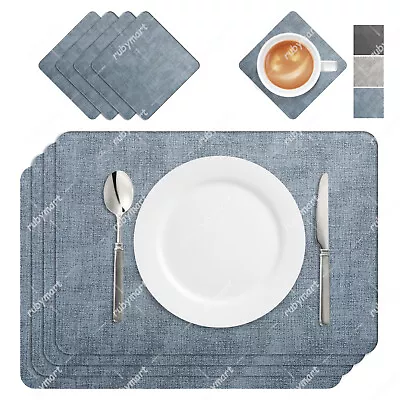 Set Of 8 PU Leather Dinner Table Mats 4 Placemats + 4 Coasters Non-Slip Washable • £14.49
