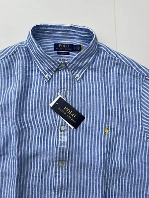 NWT Polo Ralph Lauren 100% Linen Custom Fit Shirt Striped Blue White Size Large • £70