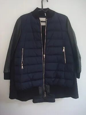 Moncler Women Puffer Coat Leather Sleeves Down And Wool Black And Blue Size 1 • $375